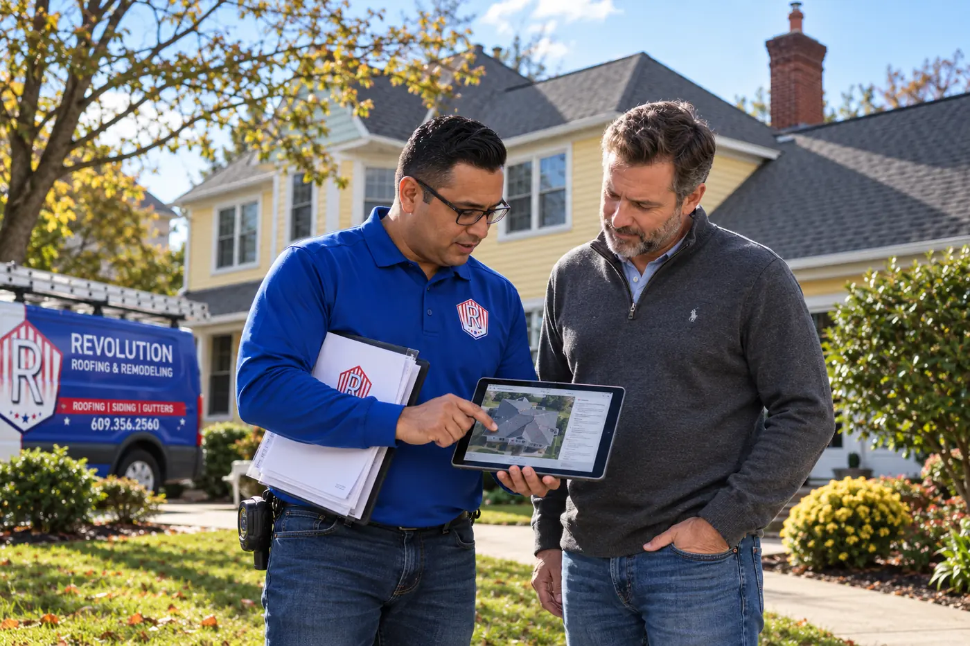 Revolution representative reviewing a tablet scope of work with a homeowner