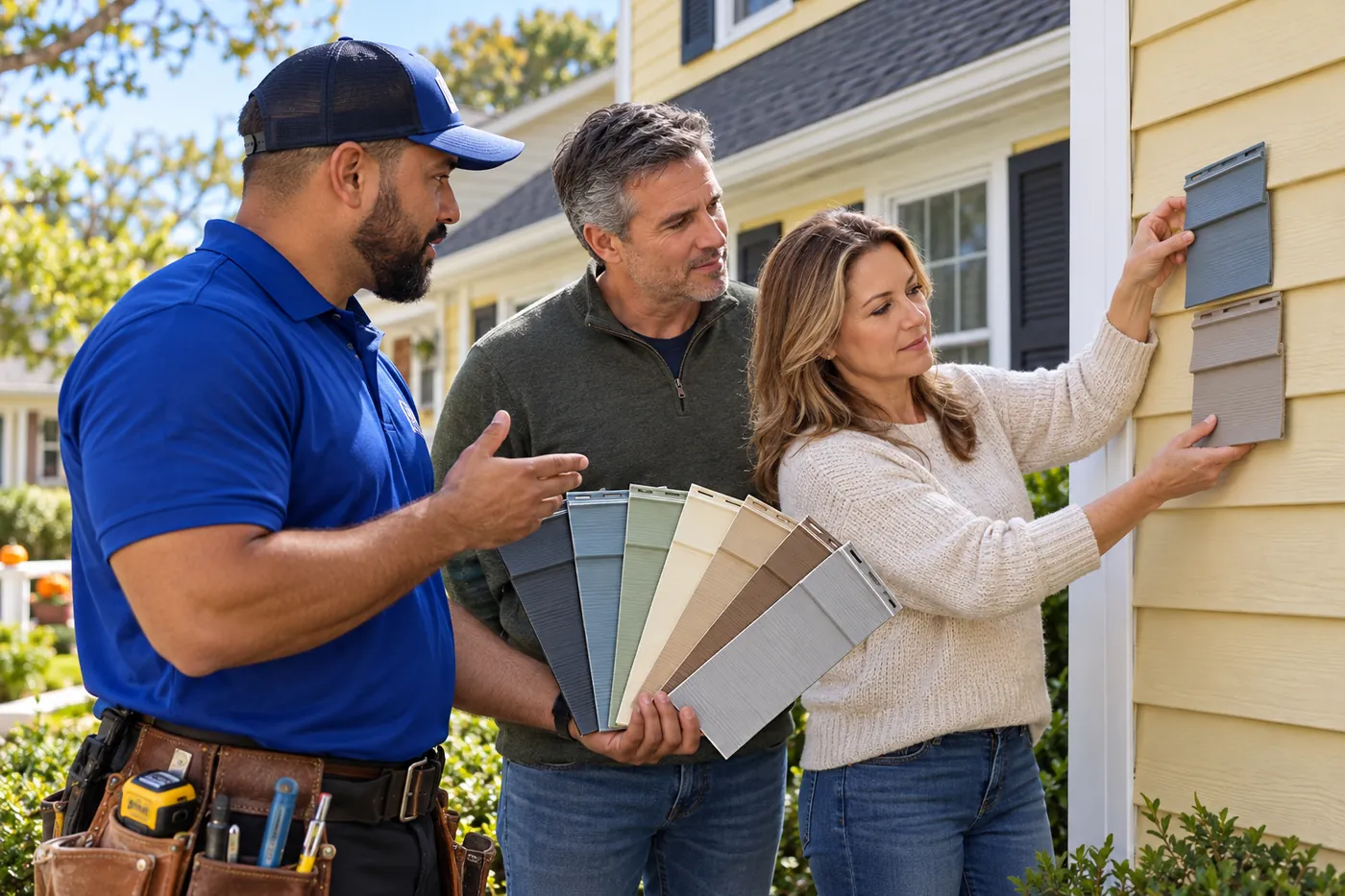Contractor showing siding color samples to two homeowners outside their home