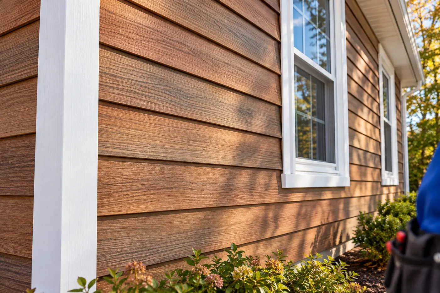 Close-up of wood-look siding with white trim beside a window